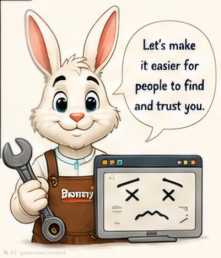 Bunny fixing a tired website with the message let's make it easier for people to find and trust you