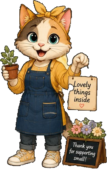 Shop Kitty holding a plant and shopping sign